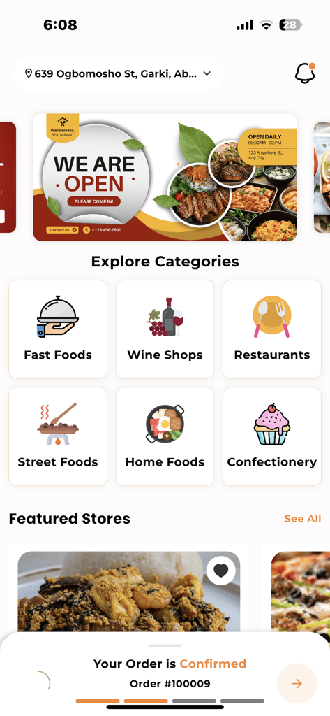Wakafoods - Wakafoods mobile app interface showing various food categories including fast foods, wine shops, restaurants, street foods, home foods, and confectionery.