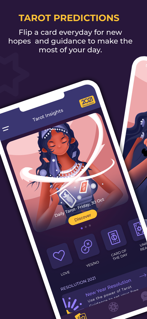 Pantalla de smartphone mostrando el panel de Lectura de Tarot y Horóscopo con lecturas diarias de cartas de tarot y opciones de horóscopo de amor.