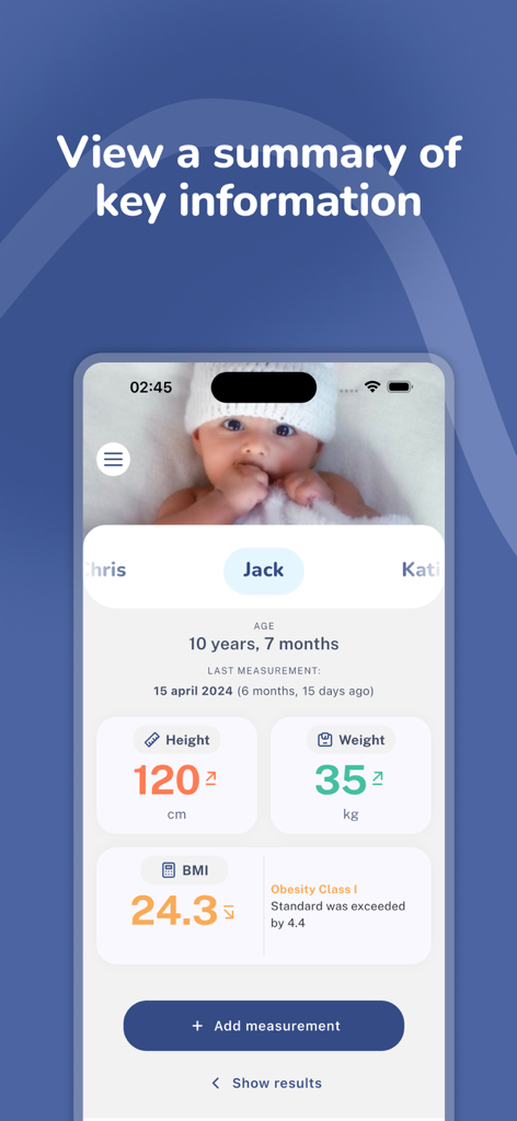 Antek - monitor child’s growth - Una dashboard mobile che mostra un riepilogo della salute del bambino con dati di monitoraggio di altezza, peso e BMI