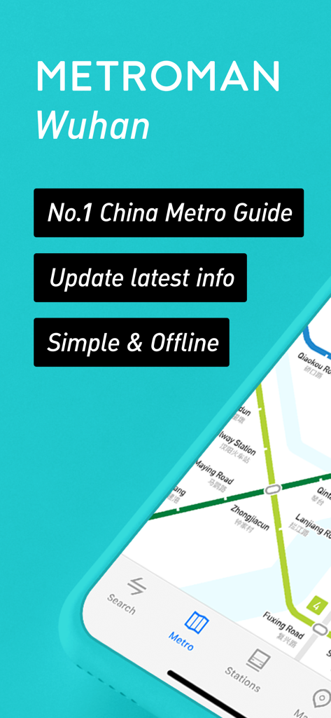 MetroMan Wuhan - MetroMan Wuhan app home screen displaying a metro map with English station names and key features like offline access.