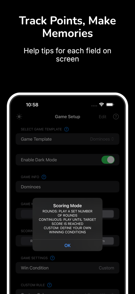 Universal Score Keeper - Universal Score Keeper app game setup screen with a popup explaining different scoring modes