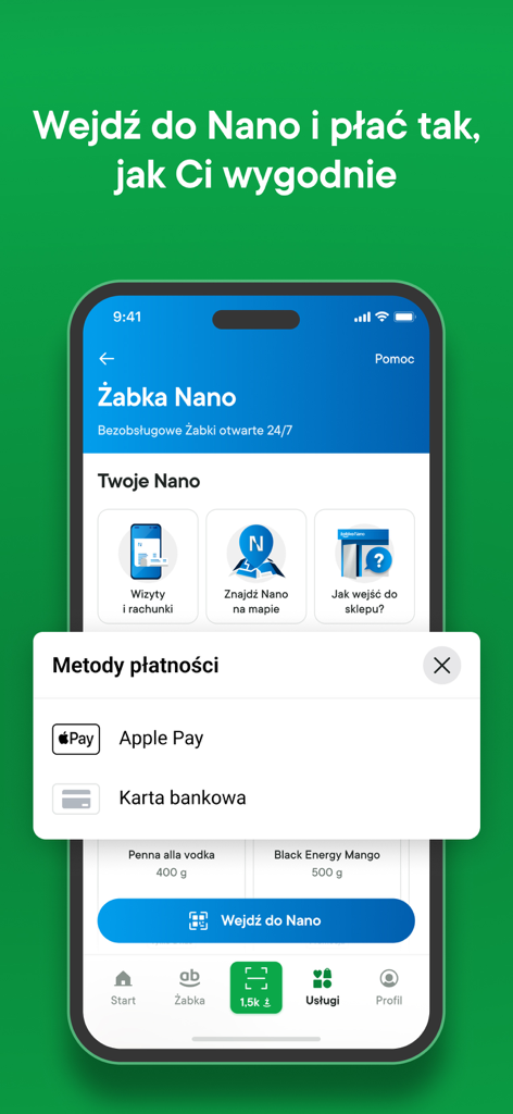 żappka: zakupy, promocje Żabka - 자동 Zabka Nano 매장을 위한 Apple Pay 및 은행 카드 결제 옵션을 보여주는 Żappka 앱의 모바일 인터페이스.