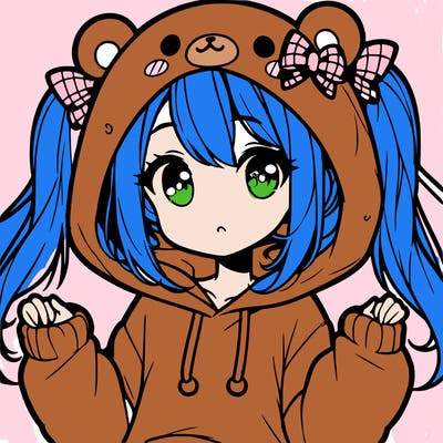 cute anime girl with ponytails and a cute bear hoodie