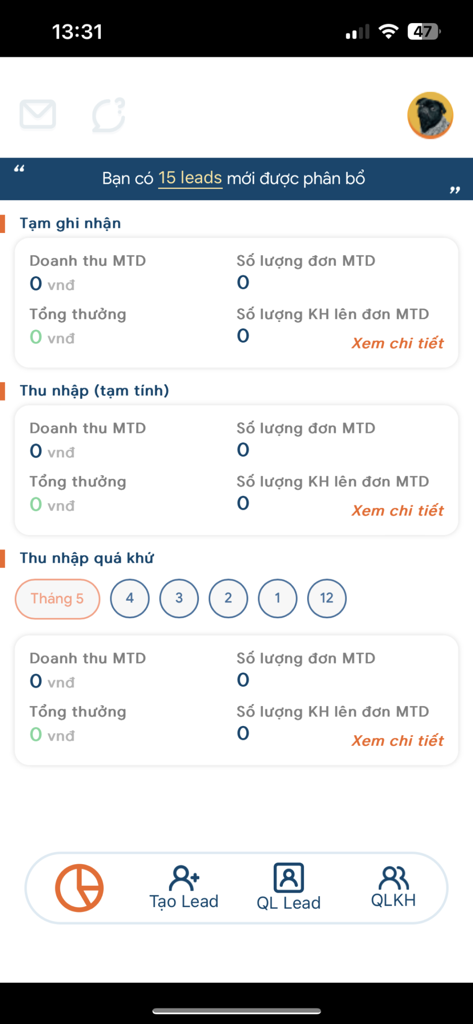 GHN - Nhanh KH - The business dashboard of the GHN app showing revenue statistics and lead management.
