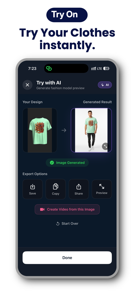 Fashion Design Studio-3DMockup - Una interfaz de aplicación móvil que muestra una función de prueba de IA que muestra un diseño de camiseta personalizado en un modelo masculino realista.
