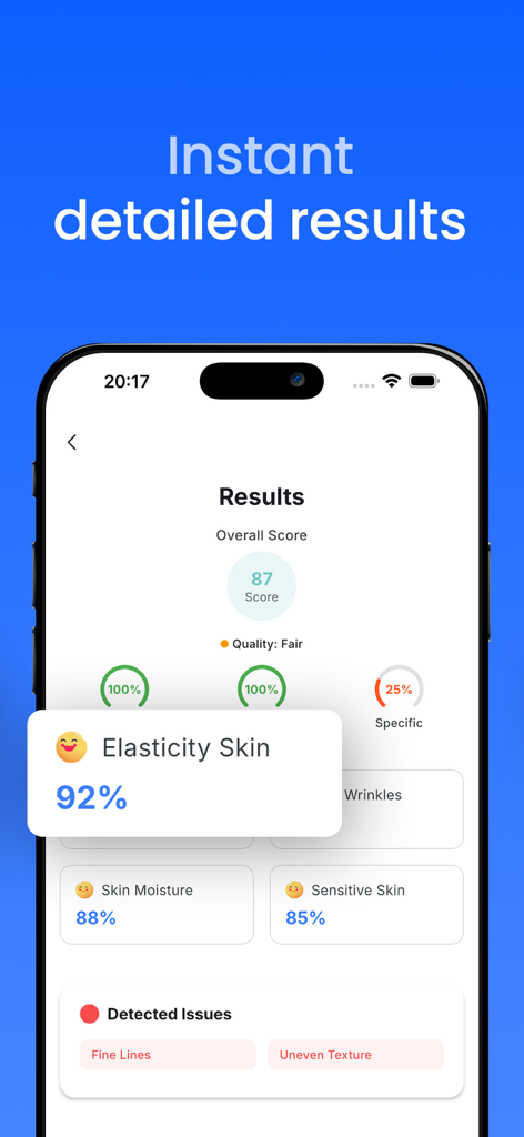 AI Skin Scanner Face Analyzer - Schermata dei risultati dell'app AI Skin Scanner che mostra un punteggio della pelle e metriche dettagliate per elasticità, idratazione e sensibilità
