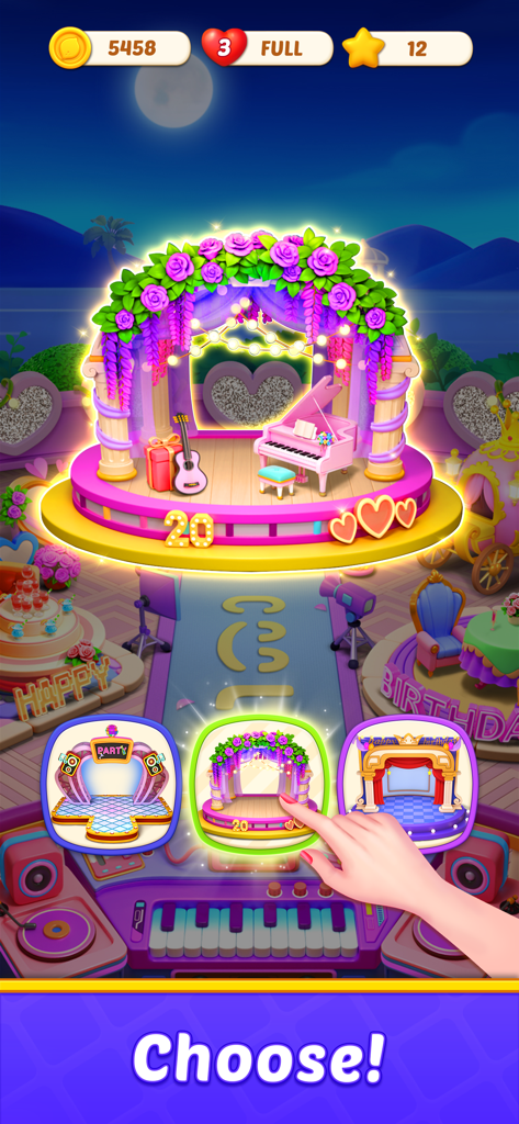 Home Match - Garden & Design - Pantalla de selección en el juego Home Match mostrando diferentes opciones de decoración de escenarios de fiesta