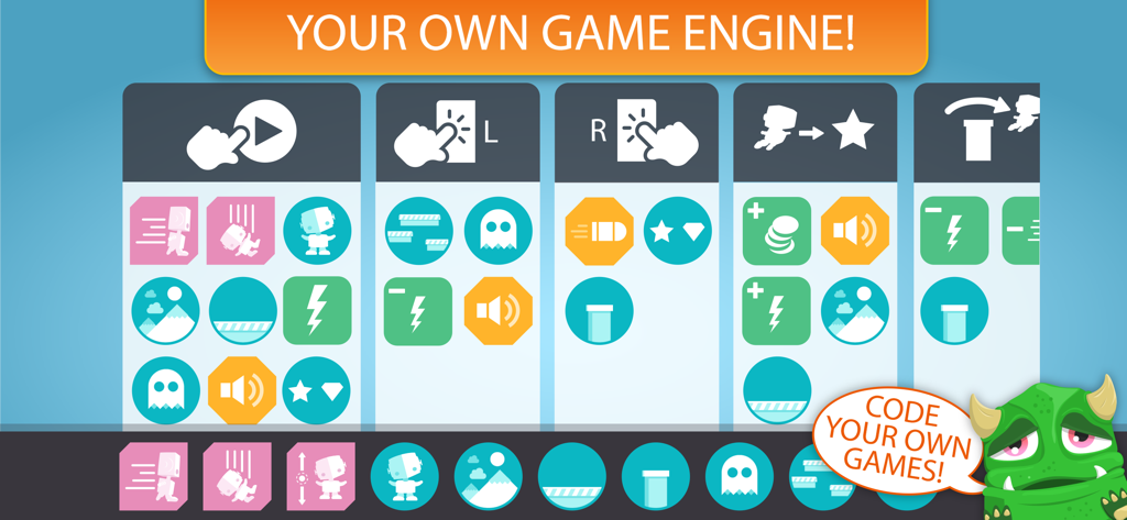 Coda Game - Make Custom Games - Interfaz de Coda Game que muestra bloques de programación visual para crear juegos personalizados