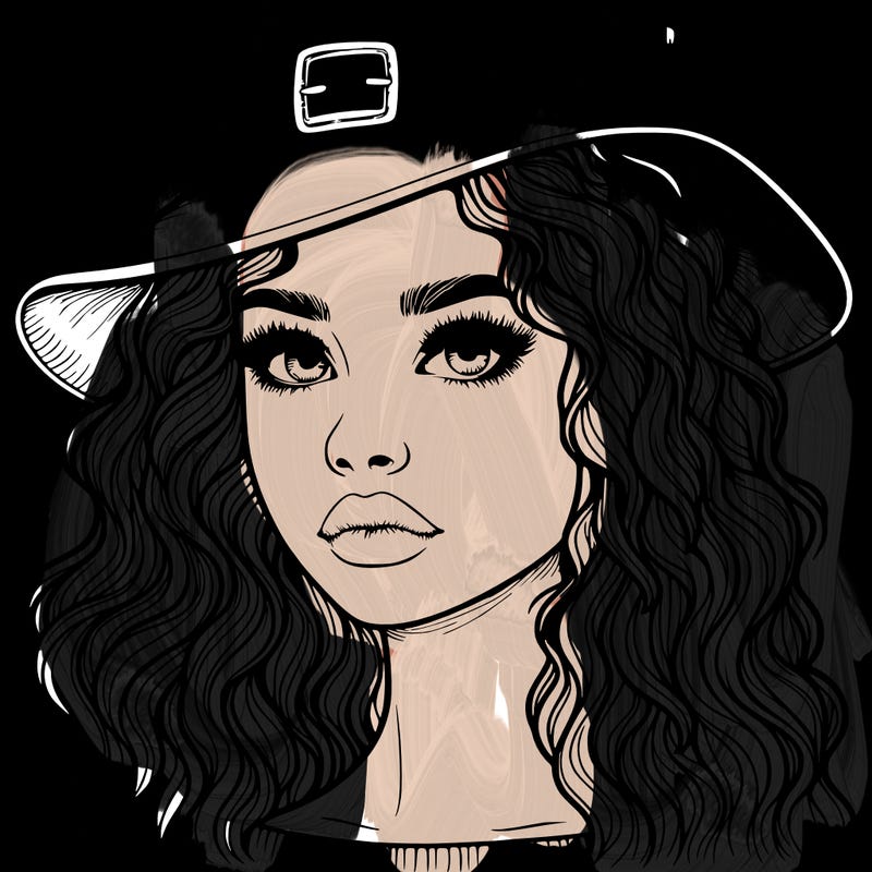 realistic girl with wavy hair a witch hat and a nose and lips and eyes
