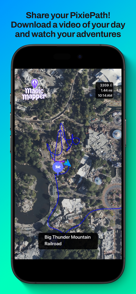 MagicMapper for Disneyland - Pantalla de smartphone mostrando la función PixiePath en la aplicación MagicMapper con una ruta azul a través de un mapa de Disneyland