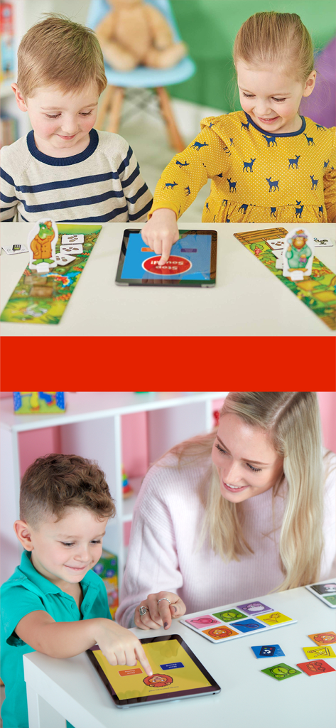 Orchard Toys - Children and a parent using the Orchard Toys app on a tablet with physical board games