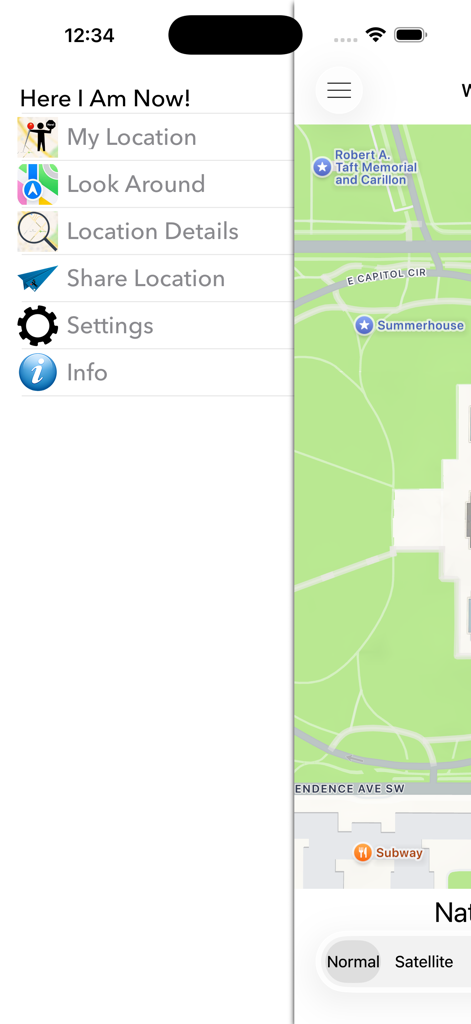 Menú lateral de la aplicación de navegación Here I Am Now mostrando opciones como Mi Ubicación y Explorar sobre un mapa de la ciudad.