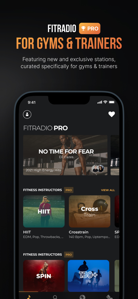 Fit Radio: Train Inspired - Fit Radio Pro app interface showing music stations for fitness instructors and gyms