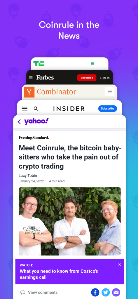 Coinrule Crypto Trading Bot - Bot de trading Coinrule presentado en medios de comunicación como Forbes TechCrunch Y Combinator y Yahoo Finance