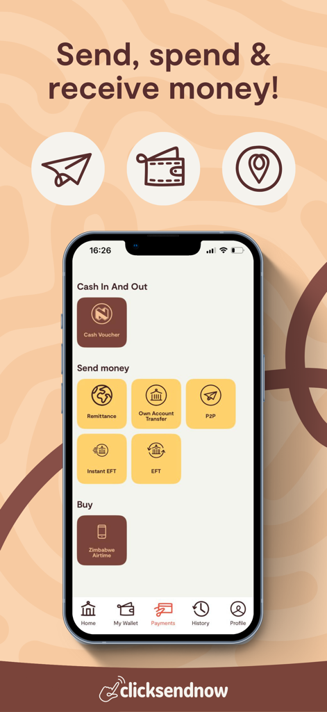 ClickSendNow - ClickSendNow mobile app interface displaying options to send money via remittance, EFT, and P2P, and buy Zimbabwe airtime.