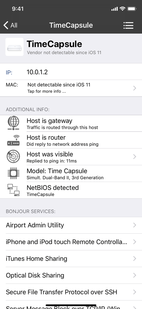 iNet Pro - Network Scanner - Detailed network information for an Apple Time Capsule showing IP address and active Bonjour services in the iNet Pro app