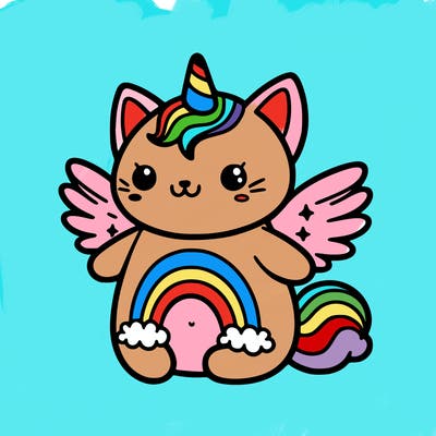 kitty with unicorn horn and wings with a rainbow on its tummy