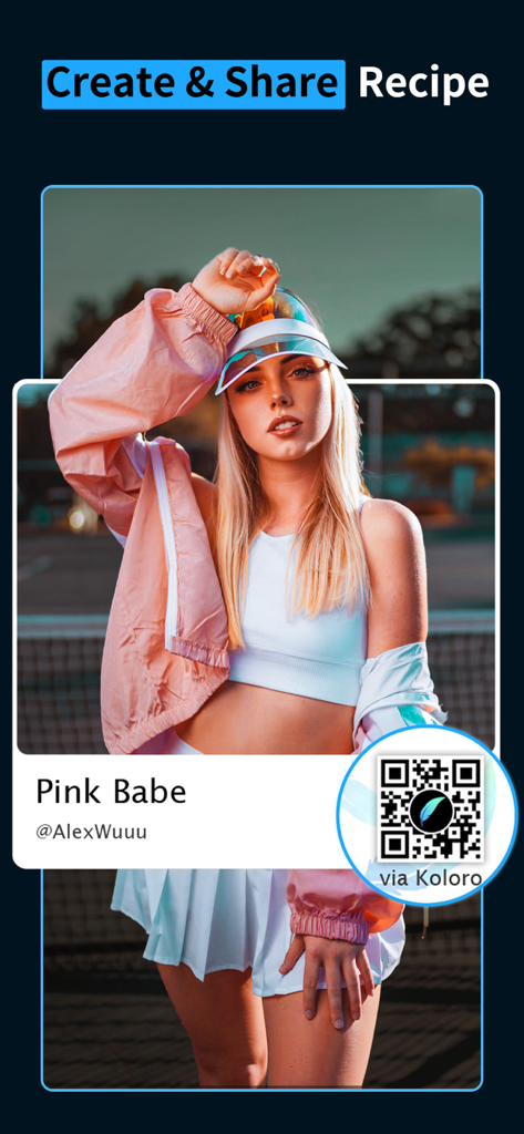 A woman with a pink aesthetic filter applied through the Koloro app custom recipe sharing feature with a QR code