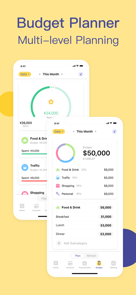 Budget app - spending tracker - Budget app interface showing multi-level planning and category spending tracking