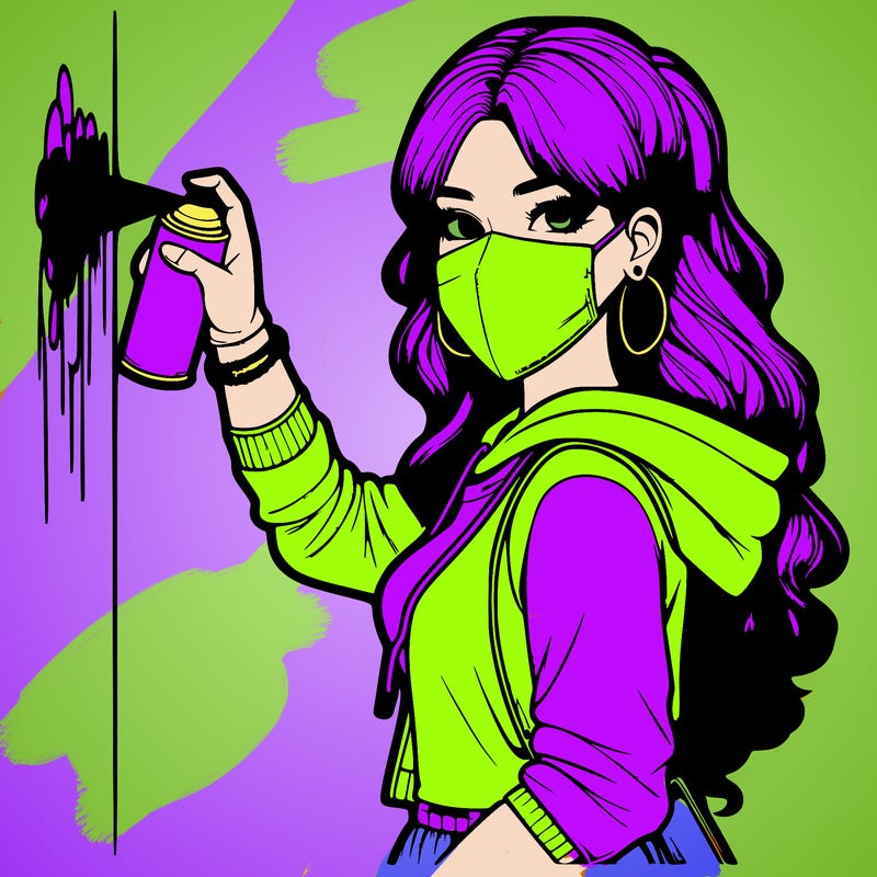 realistic girl with mask spray painting a wall