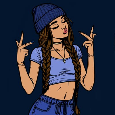 realistic teenage girl with braids and a beanie and crop top doing 🫶🏼