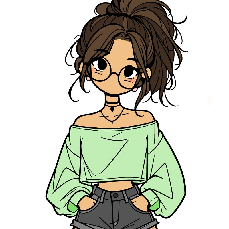 girl with a messy ponytail glasses a baggy crop top and jean shorts