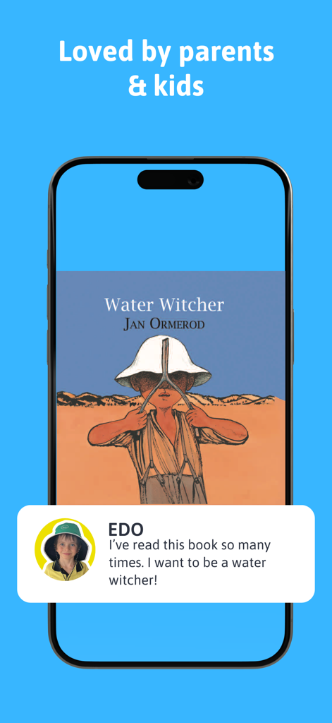 Joey Books - Joey Books app interface showing a book titled Water Witcher and a testimonial from a young reader.