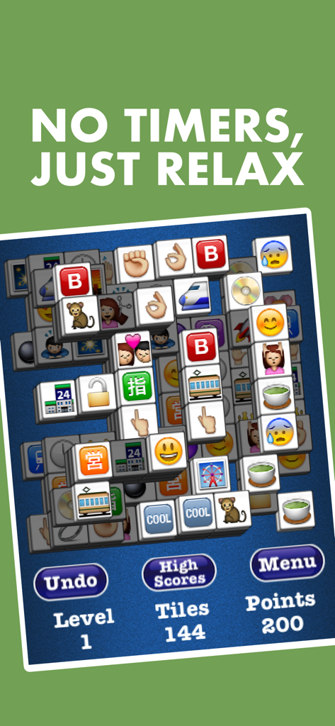 Pantalla de juego de Mahjong Solitaire con fichas de emoji y un mensaje de relajación sin temporizador.