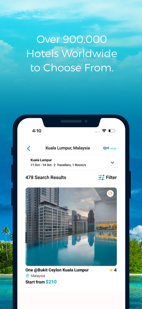 QVI Vacay - Aplicación QVI Vacay mostrando resultados de búsqueda de hoteles en Kuala Lumpur, Malasia