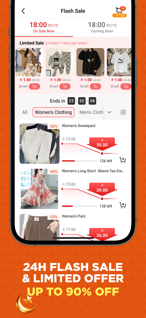 Chicpoint - Fashion shopping - Interfaz de la aplicación móvil ChicPoint que muestra ventas flash de 24 horas y ofertas limitadas con hasta un 90 por ciento de descuento en moda femenina