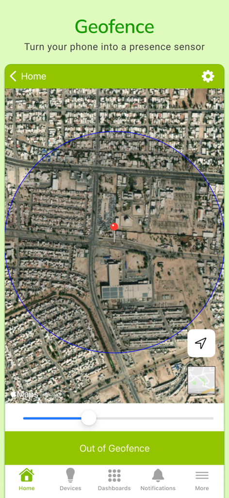 Schermata di geofencing dell'app Hubitat Elevation che mostra una mappa satellitare con un confine circolare per l'automazione domestica basata sulla posizione.