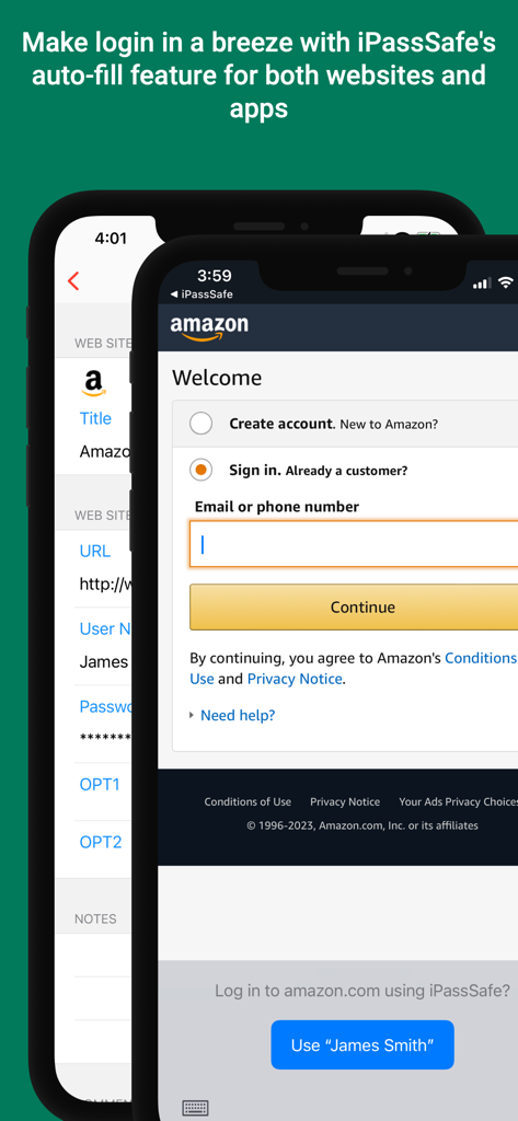 Password Manager iPassSafe . - A smartphone screenshot showing iPassSafe autofilling login credentials on an Amazon sign in page.