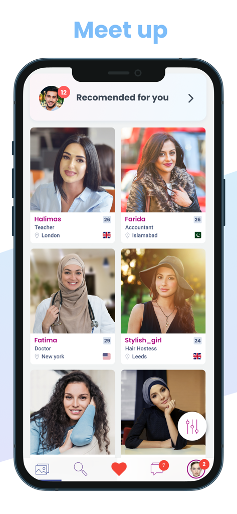 SingleMuslim - SingleMuslim mobile app interface displaying a grid of recommended profile photos of Muslim women with their professions and locations