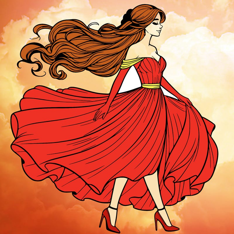 realistic woman in a dress flowing in the wind
