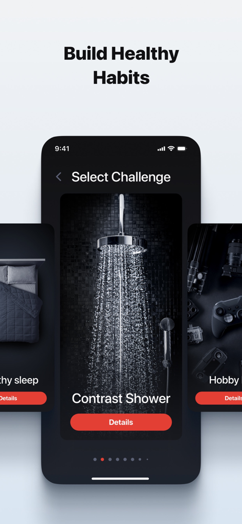 Dr. Kegel: For Men’s Health - Interface de l'application Dr. Kegel montrant la fonction 'Défis Quotidiens' avec des options pour les douches contrastées et les habitudes de sommeil saines.