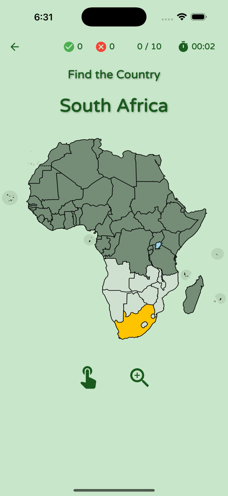 Quiz geografico interattivo che mostra la mappa dell'Africa con il Sud Africa evidenziato in giallo.