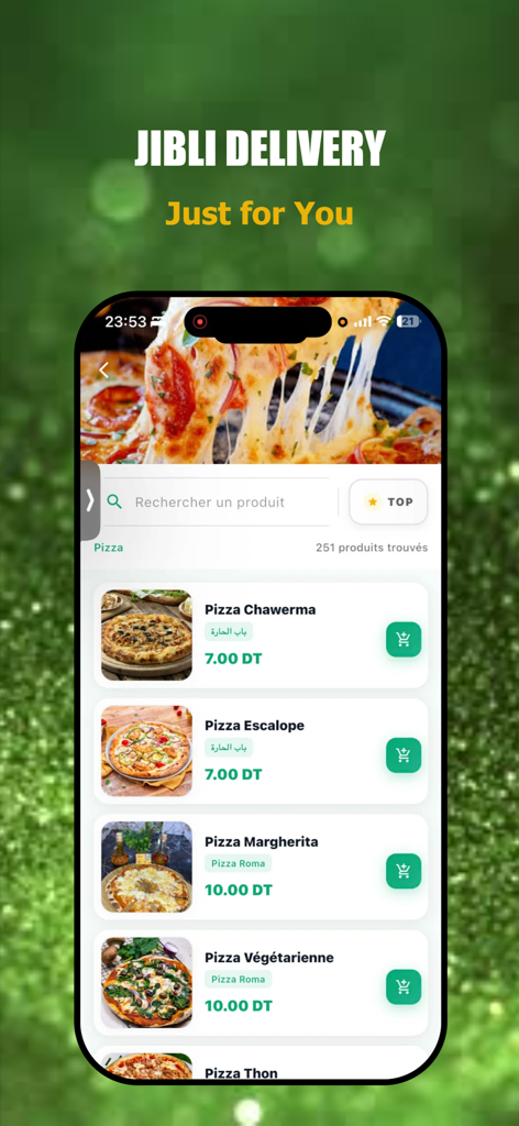 Jibli Delivery - Jibli Delivery mobile app interface showing a list of pizza options with photos and prices