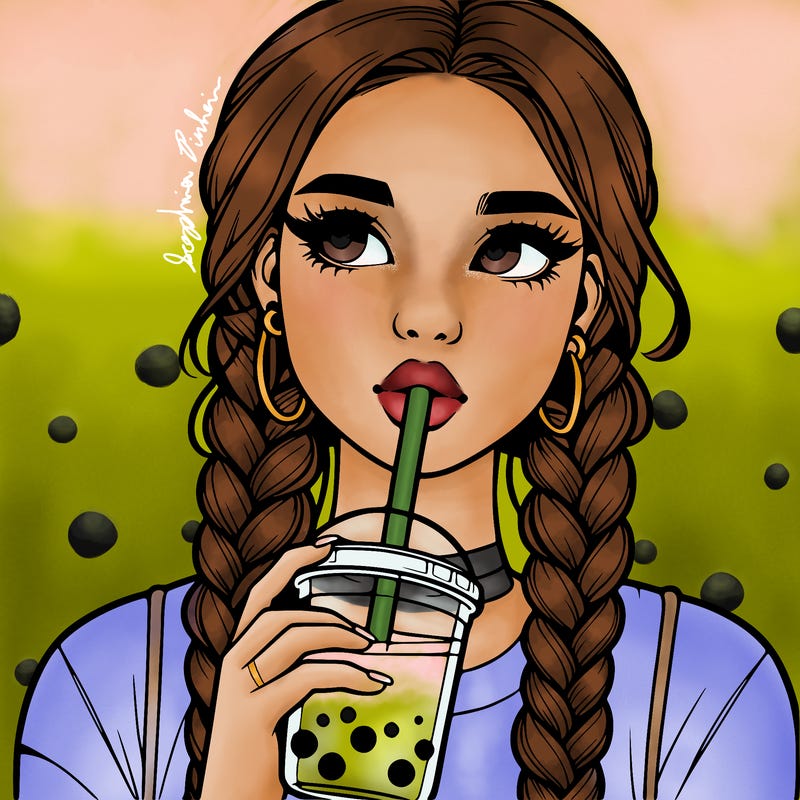 realistic girl with braided hair drinking boba