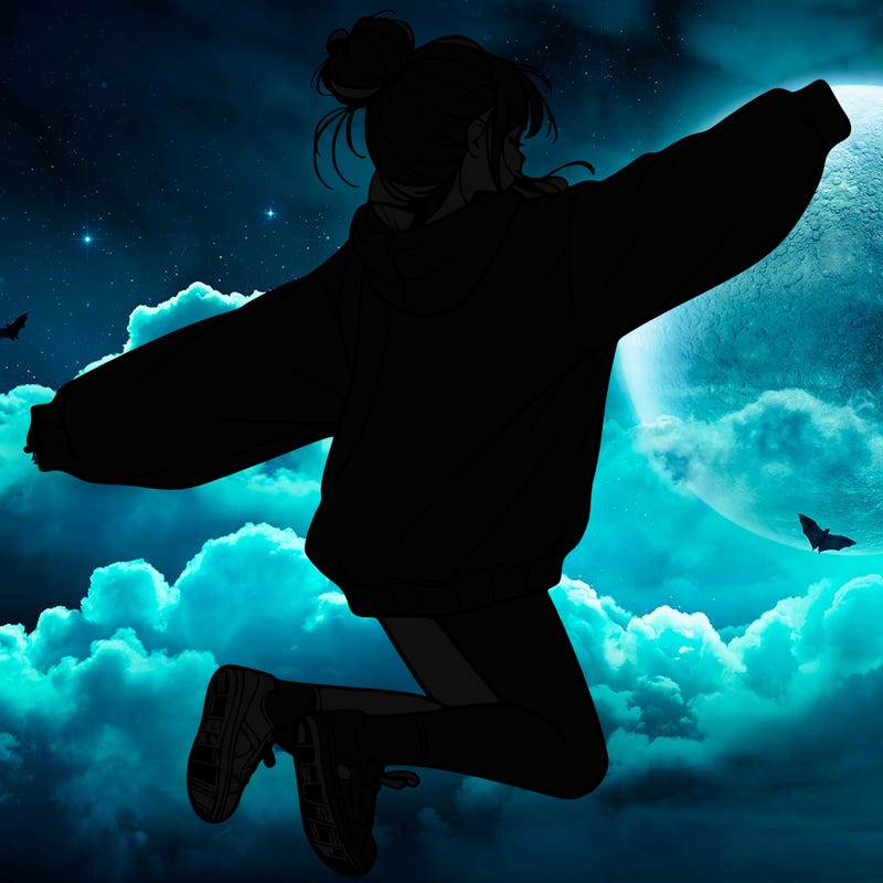 realistic girl jumping with a bun and oversized sweatshirt