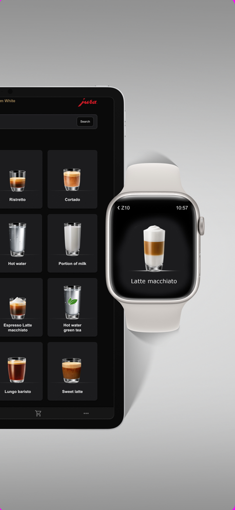 JURA JOE app coffee selection on smartphone and smartwatch