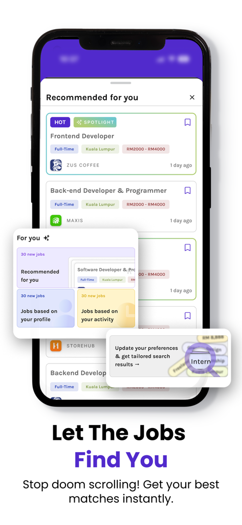 Hiredly | Malaysian Job Search - Hiredly mobile app interface showing personalized job search results and recommendations
