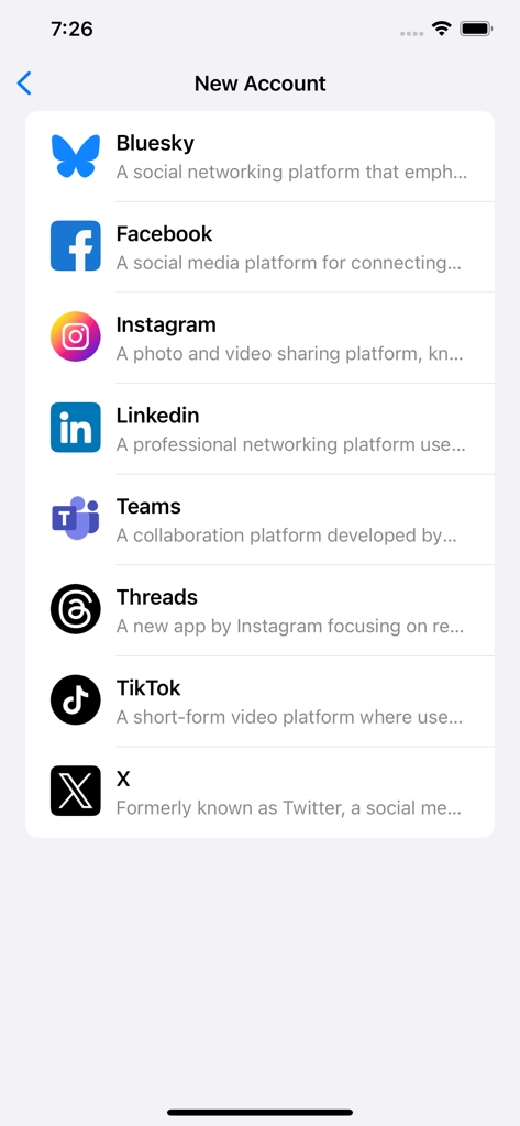 SNS One Pocket - Screen showing a list of supported social media platforms to add as new accounts