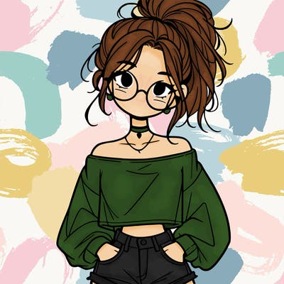girl with a messy ponytail glasses a baggy crop top and jean shorts