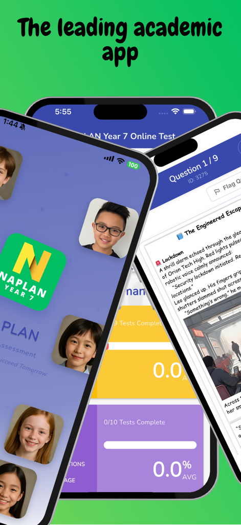NAPLAN 7 Online Test - NAPLAN 7 Online Test app screens showing practice tests and student progress