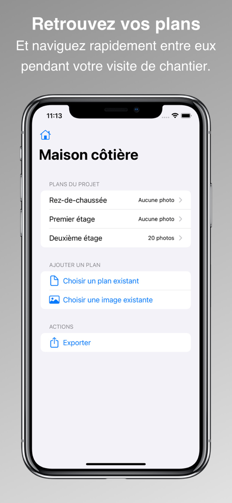Interface de l'application PhotoReport pour la gestion des plans de projet de construction et des rapports de visite de chantier