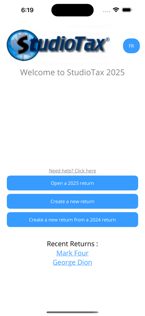 StudioTax 2025 - Pantalla de bienvenida de la aplicación StudioTax 2025 para la presentación de impuestos canadienses que muestra opciones para crear o abrir una declaración.