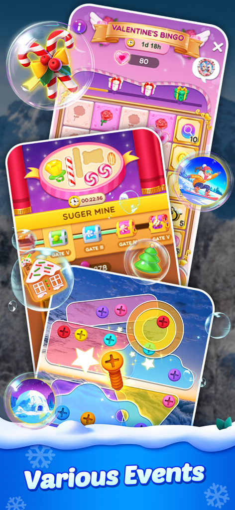 Word Crush mobile game showcasing seasonal events and various puzzle mini games