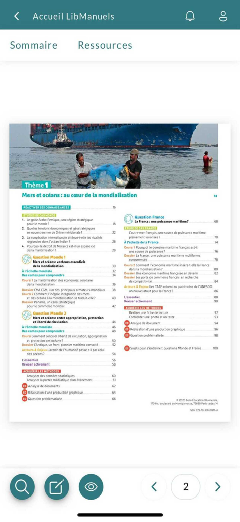 Lib Manuels - Table des matières d'un manuel scolaire de géographie française dans l'application Lib Manuels