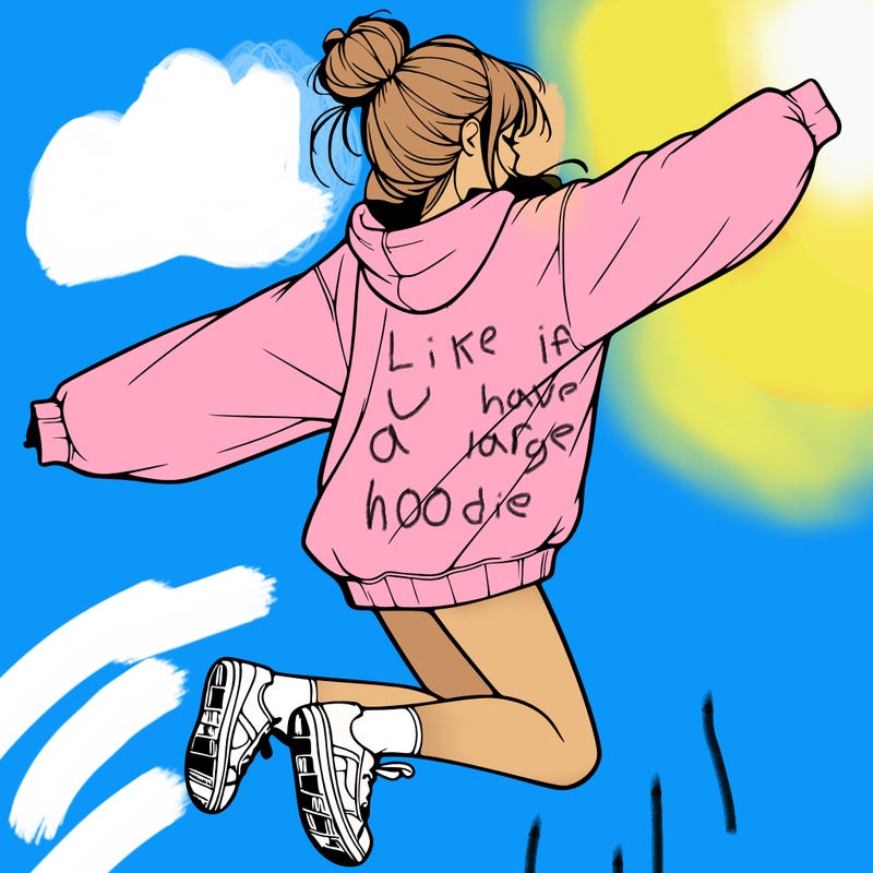 realistic girl jumping with a bun and oversized sweatshirt