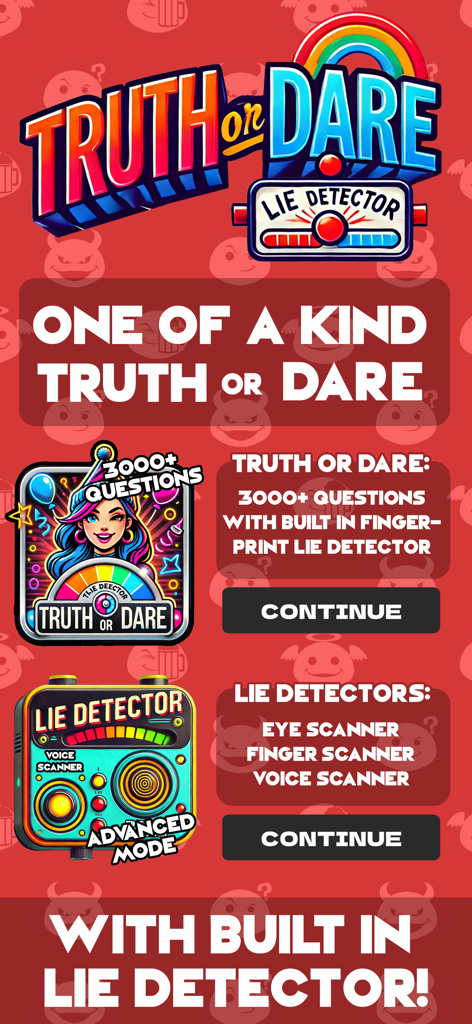 Lie Detector Test - Truth Dare - Tela principal do aplicativo Verdade ou Desafio com scanners de mentira de olhos, voz e impressão digital